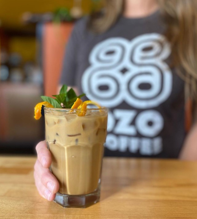 OZO Coffee Roasters: Orange Mojito Latte with Orange Peels & Gray Ozo Coffee T-Shirt
