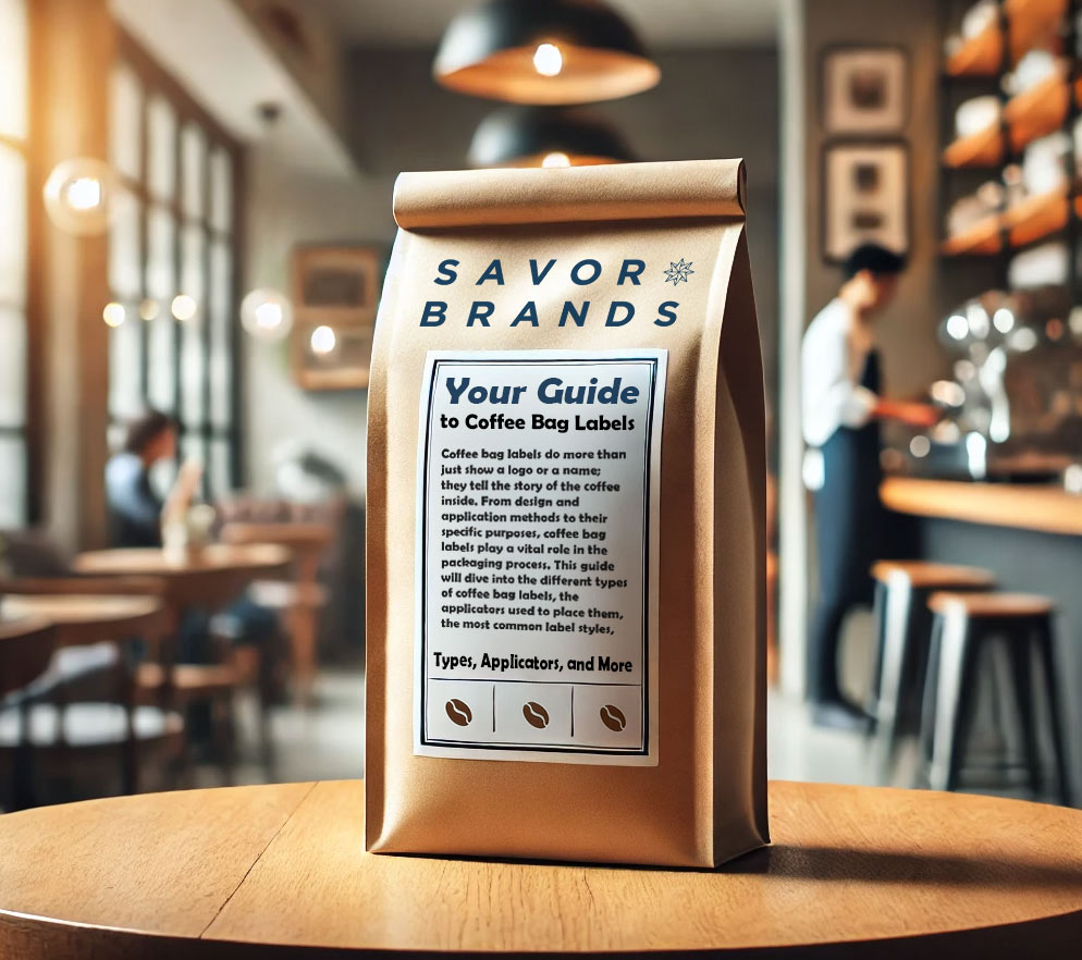 Explore a visually stunning image of a coffee bag with a blank white labeling area, perfect for showcasing different coffee bag label types. Ideal for branding inspiration in a cozy coffee shop setting.