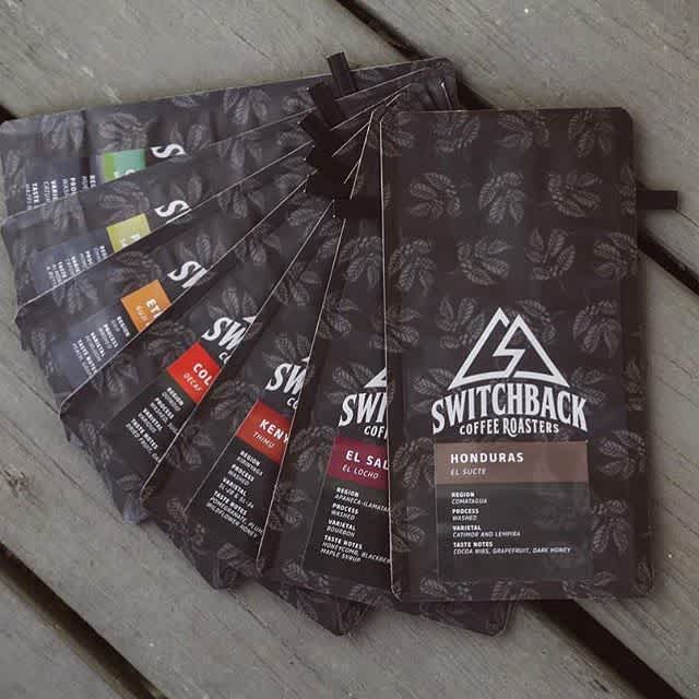 Love this beautiful #packaging rainbow @switchbackroasters in #coloradosprings, with #coffee, community and ❤️️ at its core #coffeepackaging #customcoffeebags #coffeepackagingprinting 📷: @switchbackroasters