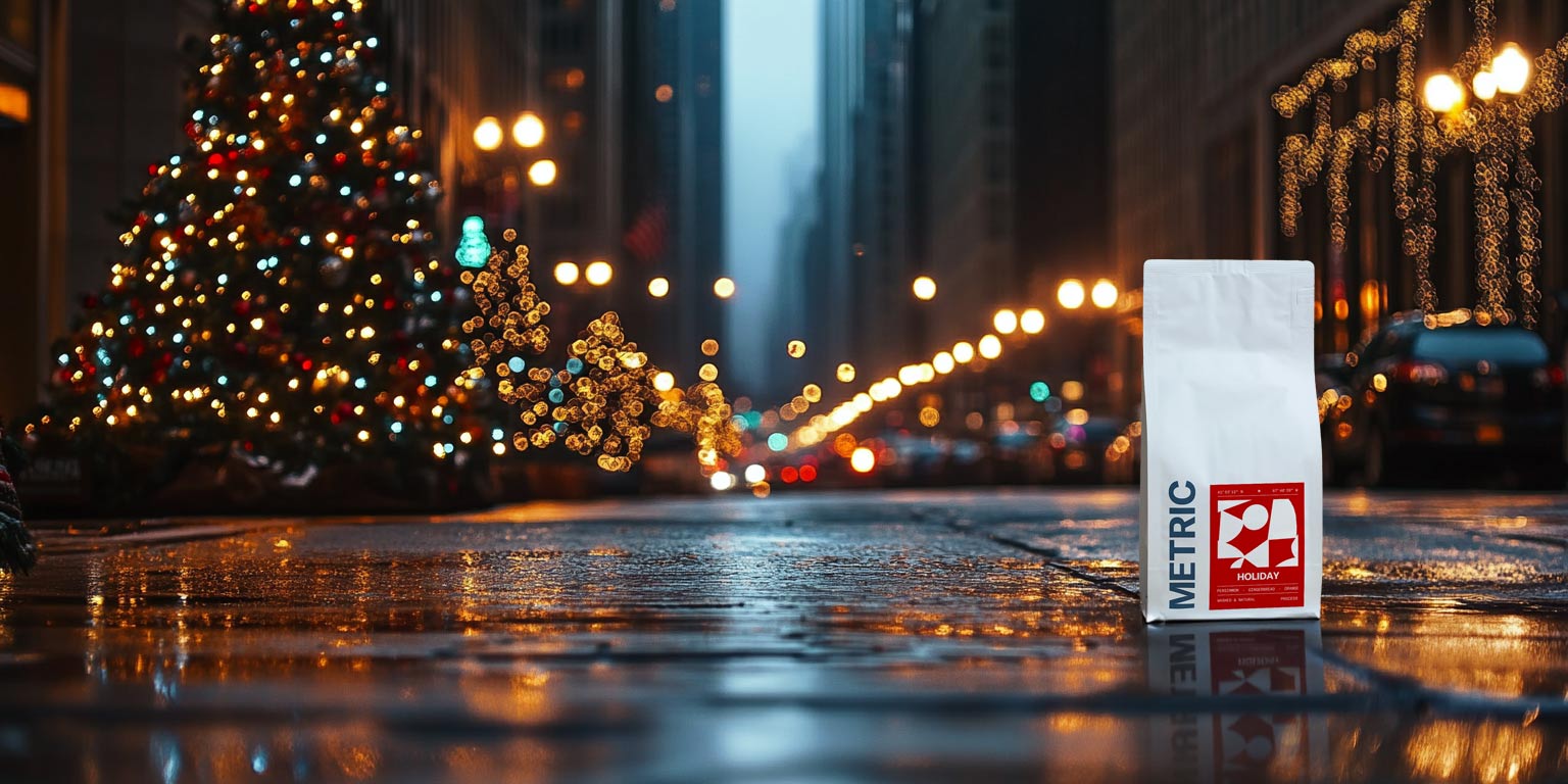 Metric Coffee Bag on the streets of Chicago during Christmas