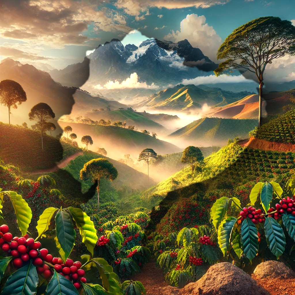 Paisaje impresionante de una plantación de café en Ecuador. En primer plano, plantas de café exuberantes con cerezas rojas maduras cubren colinas onduladas.