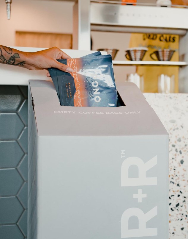 Coffee bag being deposited into the R+R® box.