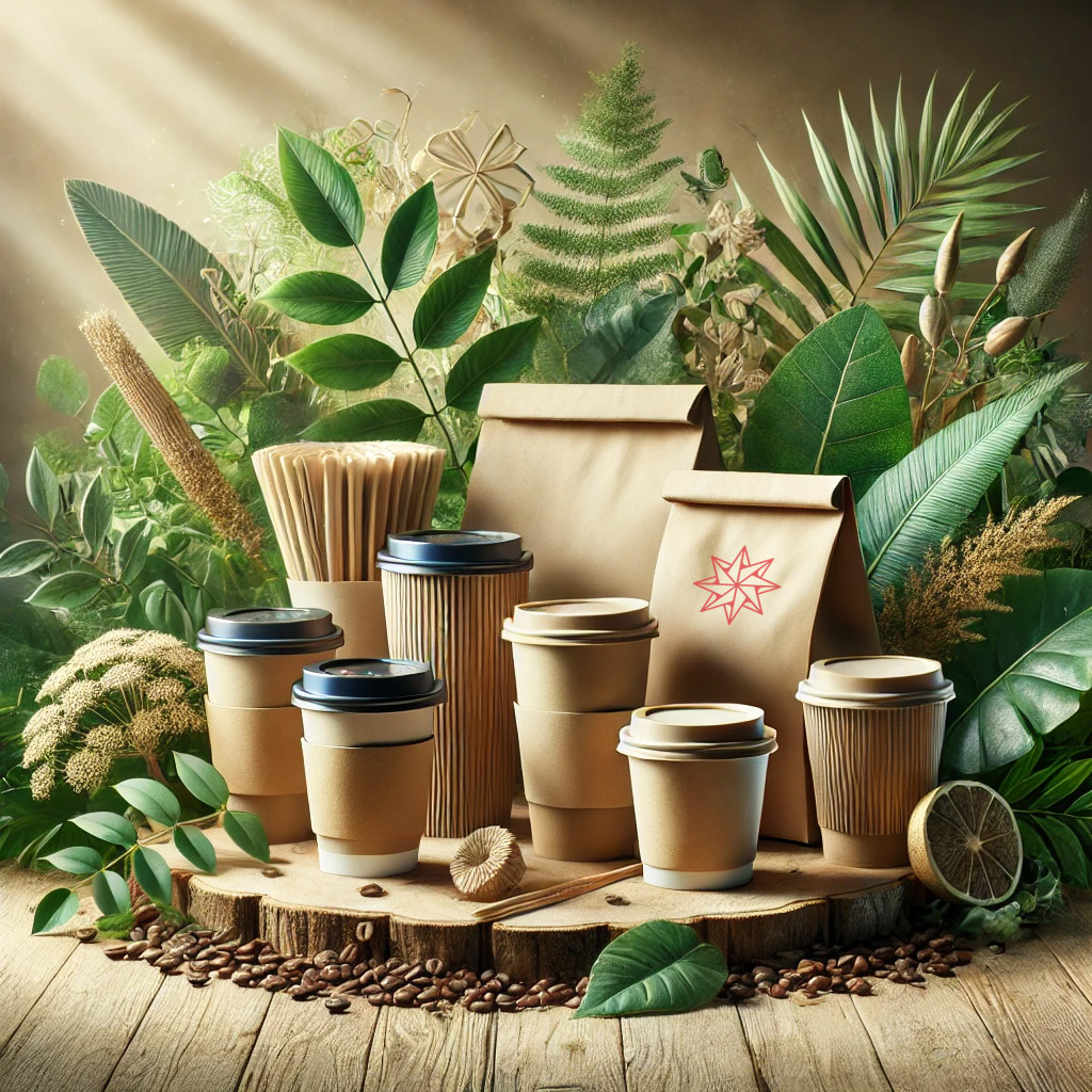 Eco-friendly coffee packaging displayed on a wooden surface surrounded by lush greenery and natural textures