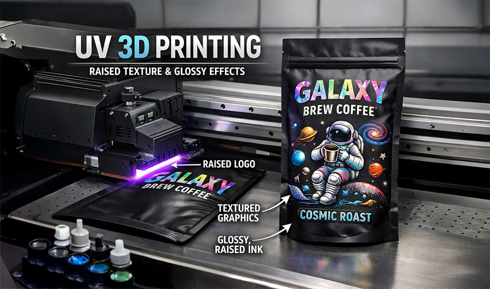Stock Coffee Bag Packaging with UV 3D Printing: Fast Shelf Impact thumbnail