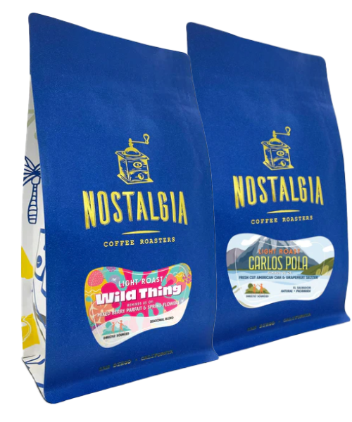 2 Nostalgia Coffee Roasters Bags with Fun Labels