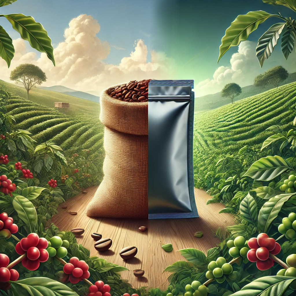 Illustration of the coffee lifecycle showcasing coffee cherries on a farm, burlap sacks of coffee beans, and modern airtight coffee bags, highlighting the journey from harvest to sustainable packaging with a focus on freshness preservation.