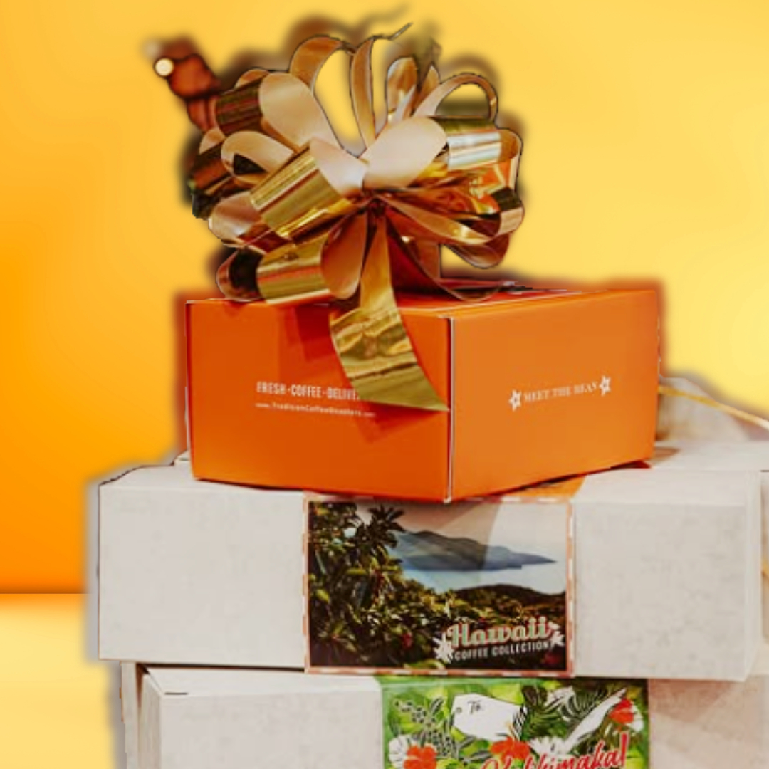 Tradition coffee roasters orange boxes with beige boxes with colorful hawaii themed belly bands