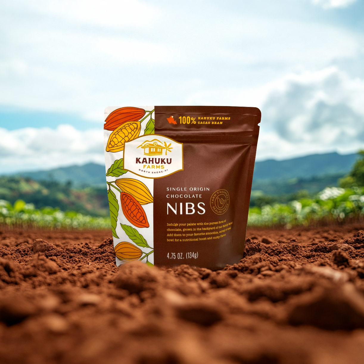 Kahuku Farms: Chocolte Nibs Cocoa Bag printed by Savor Brands