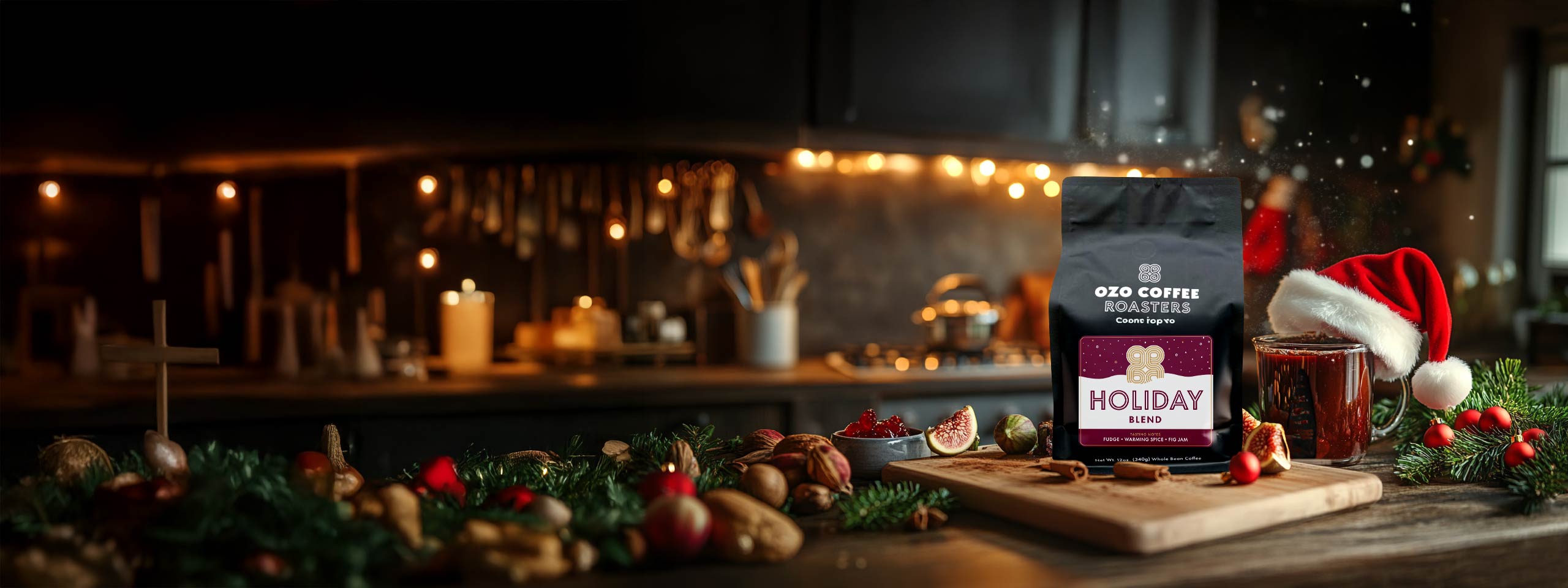 Holiday background with OZO Coffee Bag by Savor Brands