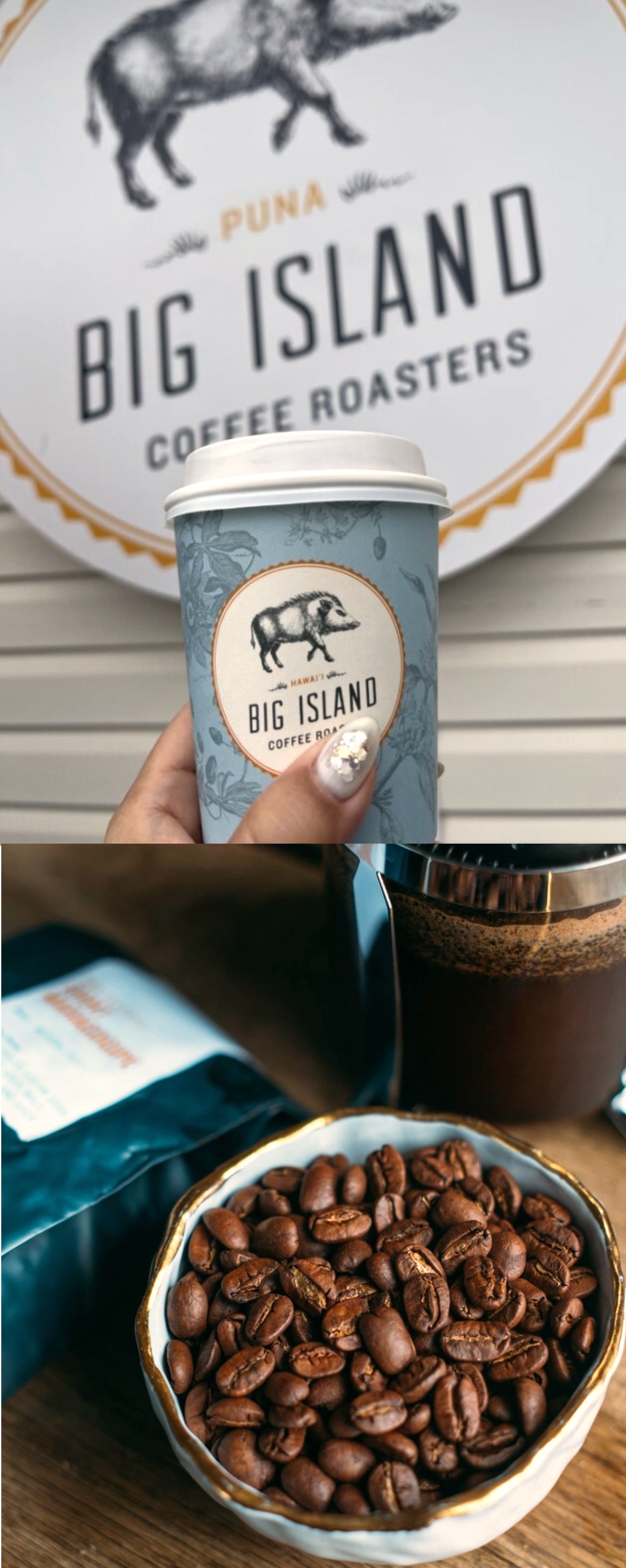 Big Island Coffee Roasters coffee cup and coffee beans