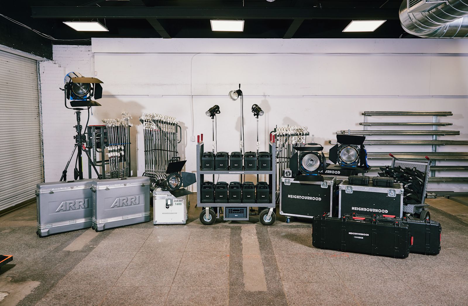 Neighbourhood Studios equipment kits — lighting, grip, and camera packages