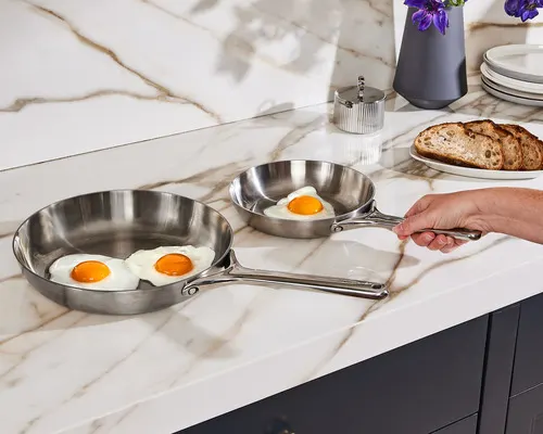 Stainless Steel Fry Pan Duo - with Sunny Side Up Egg - On Countertop