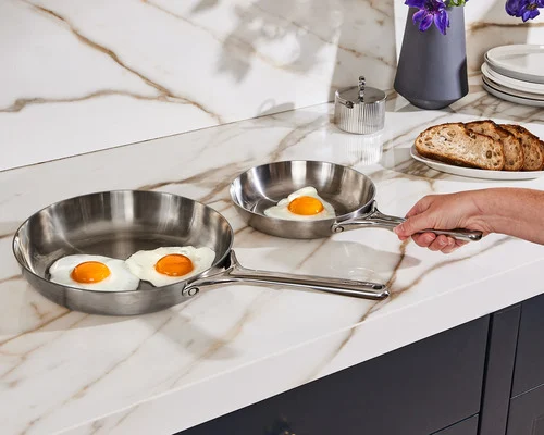 Stainless Steel Fry Pan Duo - with Sunny Side Up Egg - On Countertop