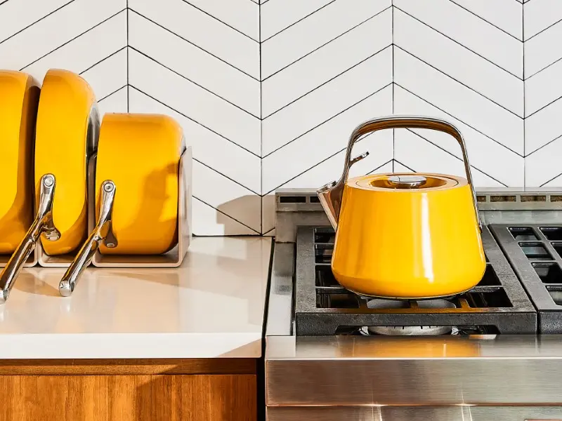 Whistling Tea Kettle - Marigold - On Stove with Marigold Cookware