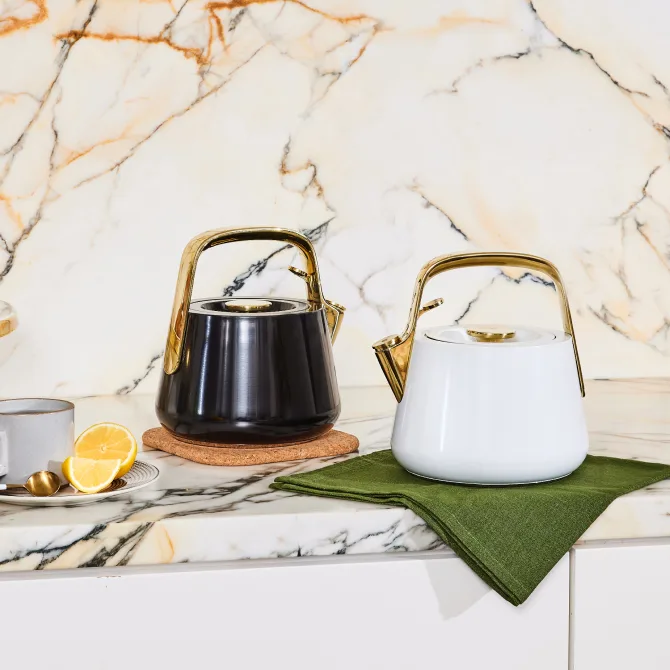 Whistling Tea Kettle - Iconics - Black - White - On Countertop