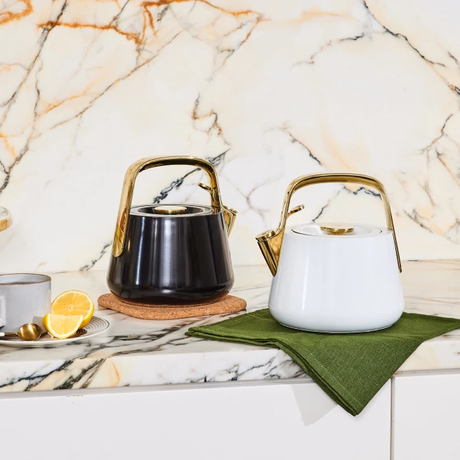 Whistling Tea Kettle - Iconics - Black - White - On Countertop
