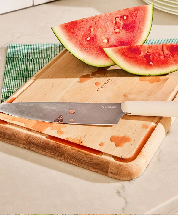 Caraway wood cutting board in use