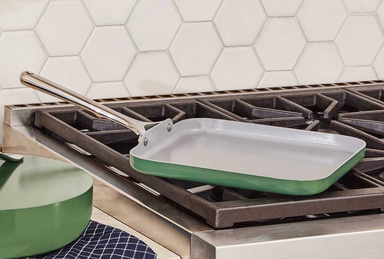 Square Griddle Pan - Sage - On Stovetop with Sage Cookware