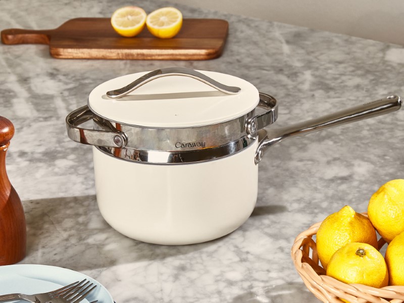 Small Steamer - Stainless Steel - Lifestyle with Cream Cookware