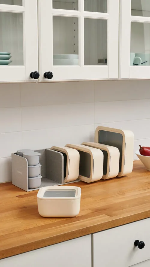 Food Storage - Cream - Dot Containers - In Organizer On Counter