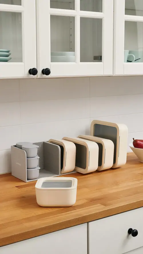 Food Storage - Cream - Dot Containers - In Organizer On Counter