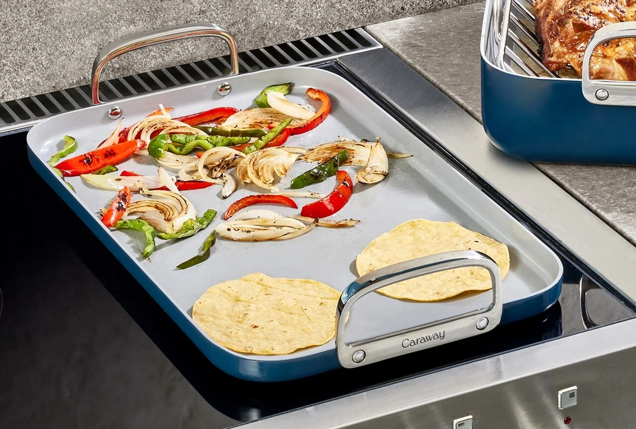 Double Burner Griddle - Navy - Cooking Veggies and Tortillas