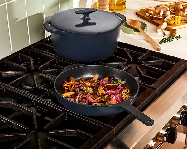 Enameled Cast Iron - Midnight Blue - Dutch Oven - Skillet - On Stovetop