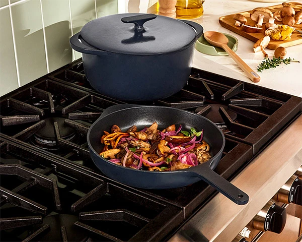 Enameled Cast Iron - Midnight Blue - Dutch Oven - Skillet - On Stovetop