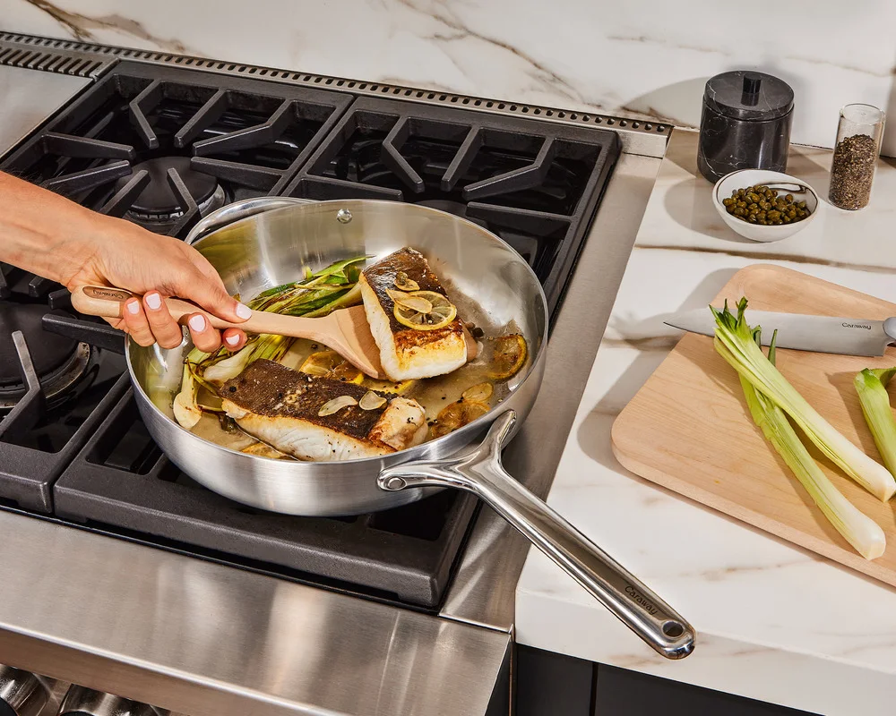 Stainless Steel Saute Pan - On stovetop cooking fish