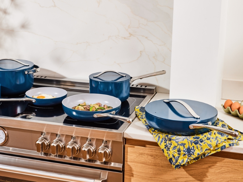 Ceramic Fry Pan Trio - Navy - Pan Trio on Stovetop