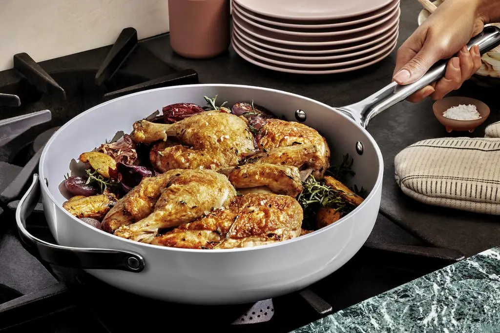 Ceramic Saute Pan - Gray - on Stovetop Cooking Chicken