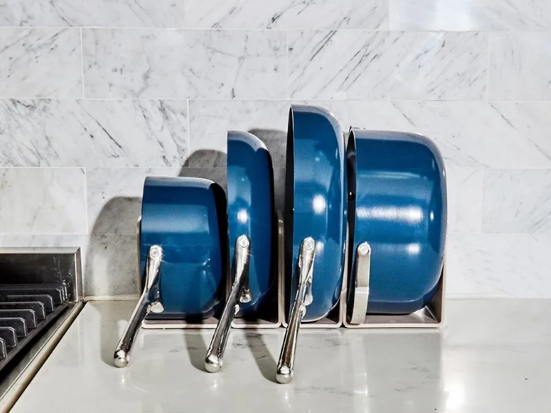 Ceramic Cookware Set - Navy - On Counter with Complimentary Storage