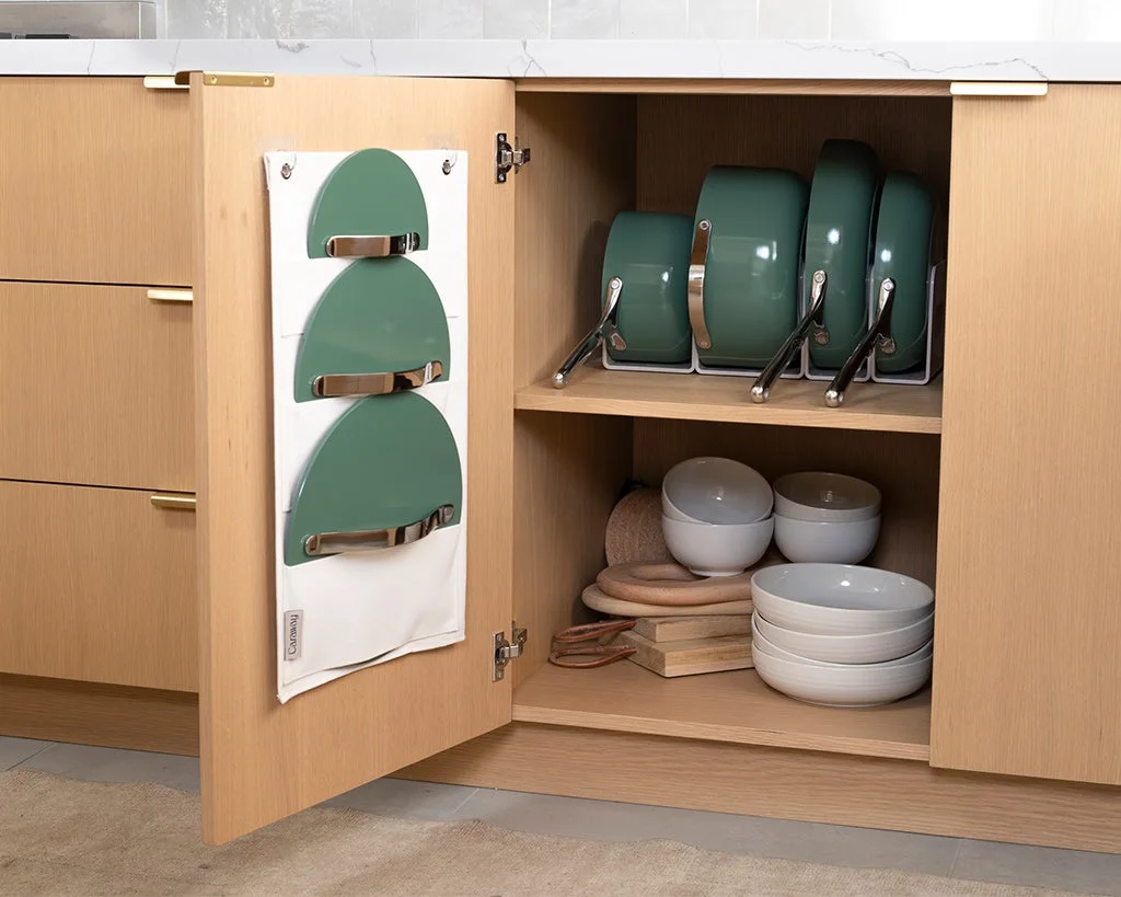 Ceramic Cookware Set - Sage - In Cupboard with Storage