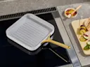 Square Grill Pan - White - On Induction Stove Prepping Veggie Kabobs