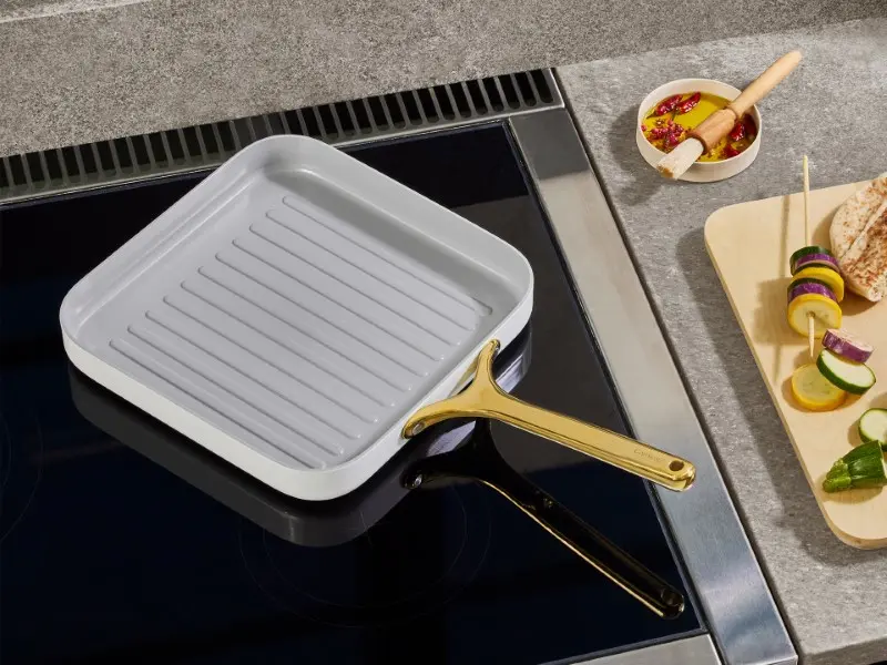 Square Grill Pan - White - On Induction Stove Prepping Veggie Kabobs