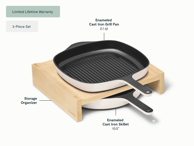 Enameled Cast Iron Skillet & Grill Pan Duo - Cream - Detail