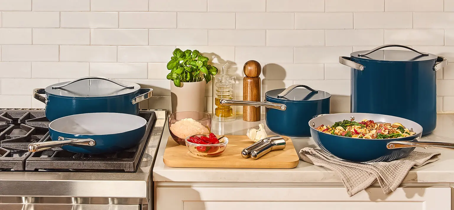 Full Ceramic Cookware Bundle - Navy - On Stovetop - Tablet