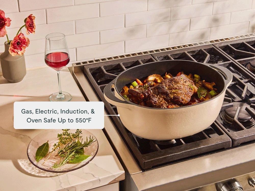 Enameled Cast Iron Oval Dutch Oven - Cream - Gas Electric Induction Oven Safe