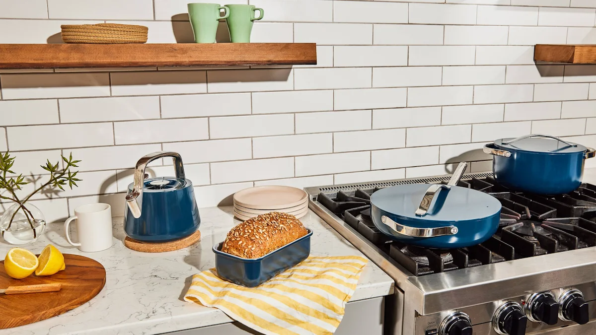 Ceramic Cookware Loaf Pan Tea Kettle - Navy - Presentation
