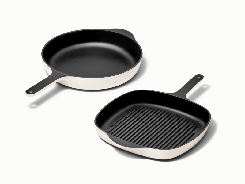 Enameled Cast Iron Skillet & Grill Pan Duo - Cream - Hero