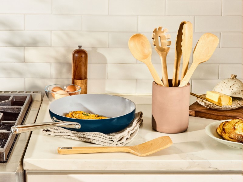 Utensil Set - Wood - On Countertop with Navy Cookware