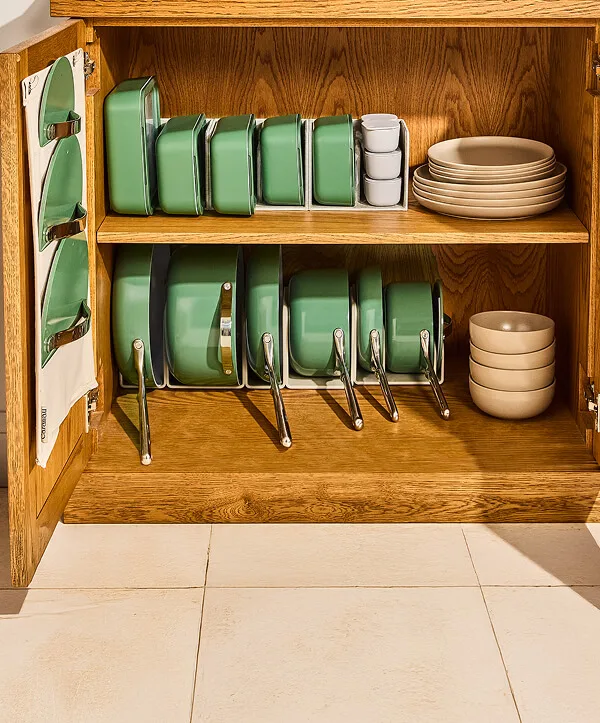 Ceramic Cookware & Minis Set - Sage - What-s Included - In Storage Organizer in Cabinet
