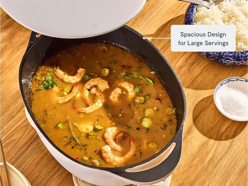 Enameled Cast Iron Oval Dutch Oven - Cream - Spacious Design Large Servings