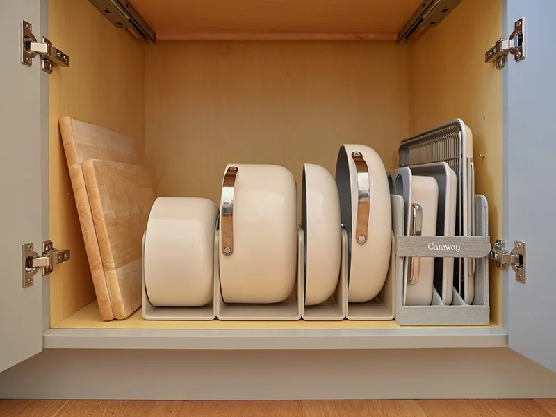 Cookware and Bakeware Set - Cream - In Storage with cutting board