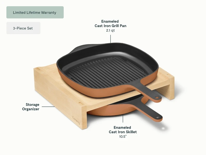 Enameled Cast Iron Skillet & Grill Pan Duo - Rust - Detail