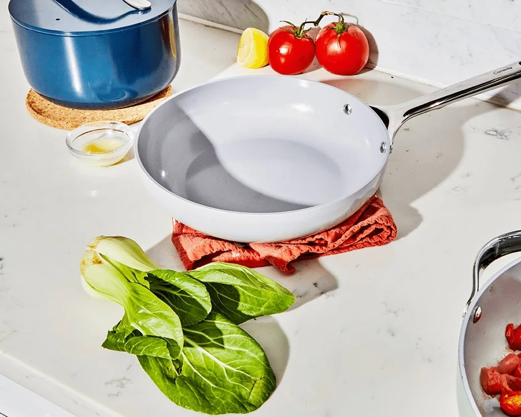 Ceramic Fry Pan - Gray - on top of Perracotta Tea Towel
