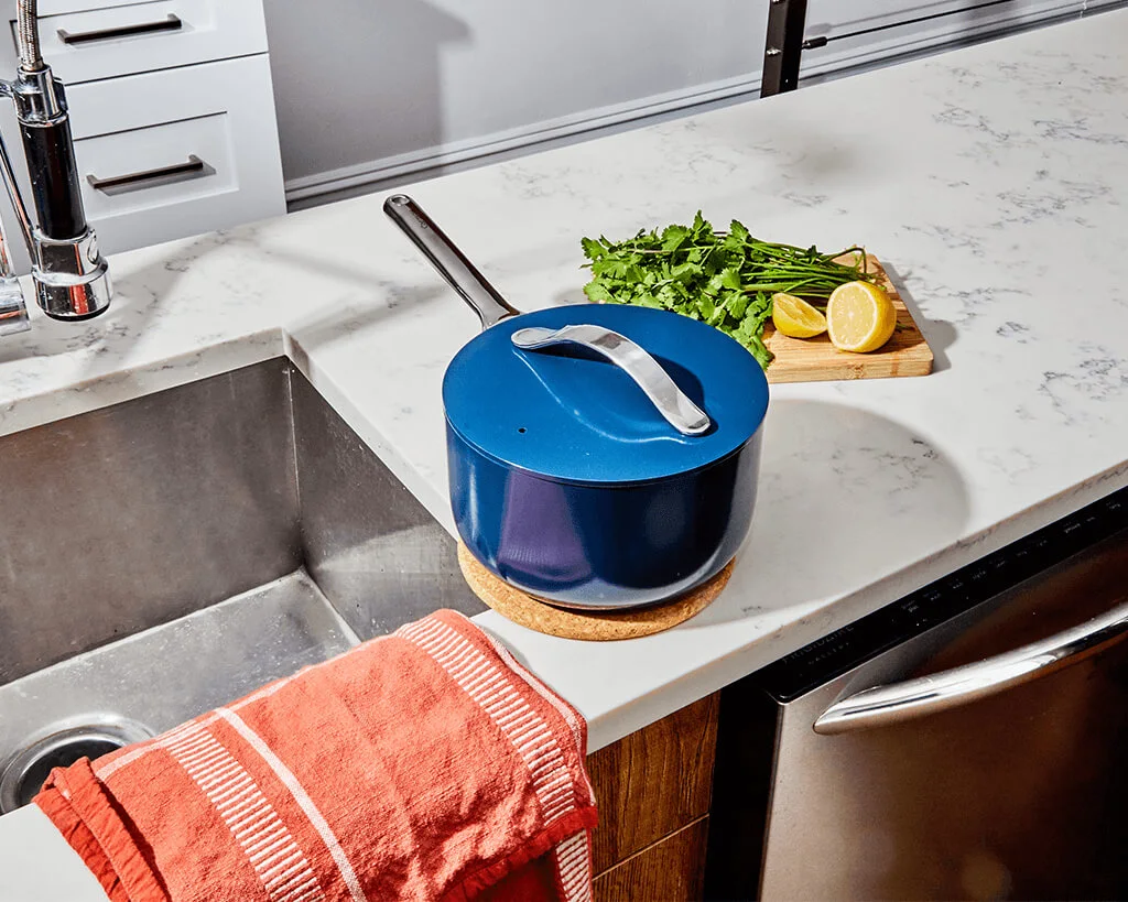 Ceramic Cookware Set - Navy - Sauce Pan - On Countertop