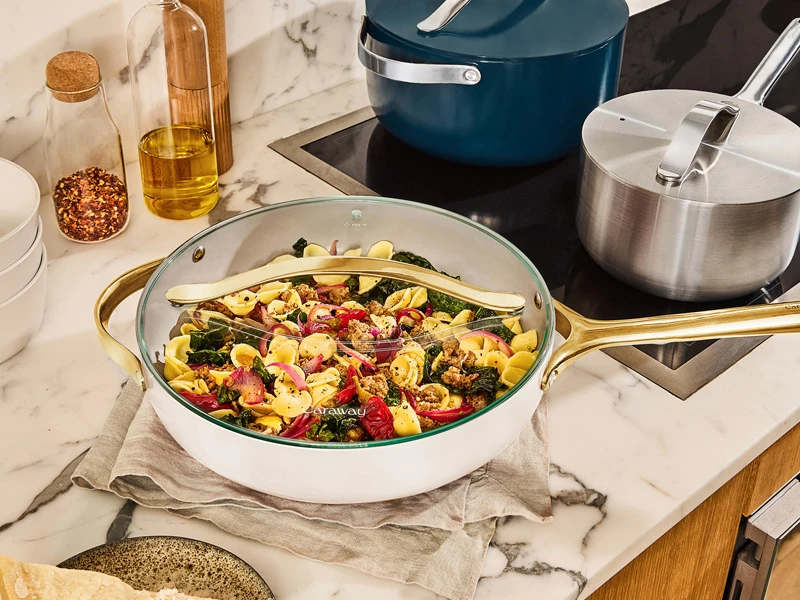 Iconics Glass Lid - Set of 3 - With Mixed Cookware on Stove