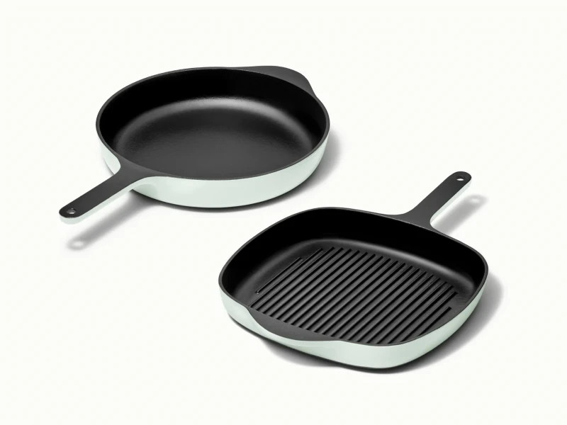 Enameled Cast Iron Skillet & Grill Pan Duo - Light Mist - Hero