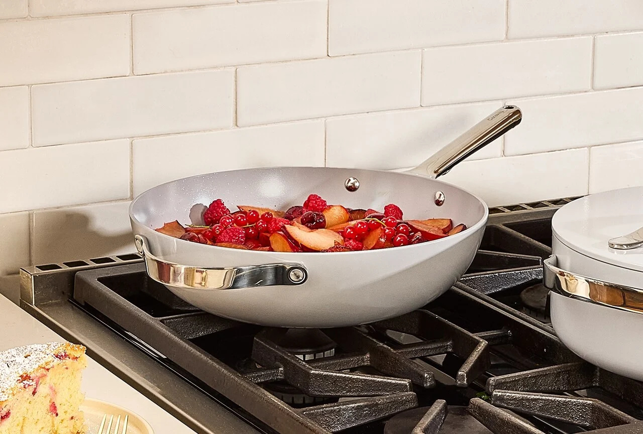 Ceramic Stir Fry Pan - Gray - On Stove with Fruit